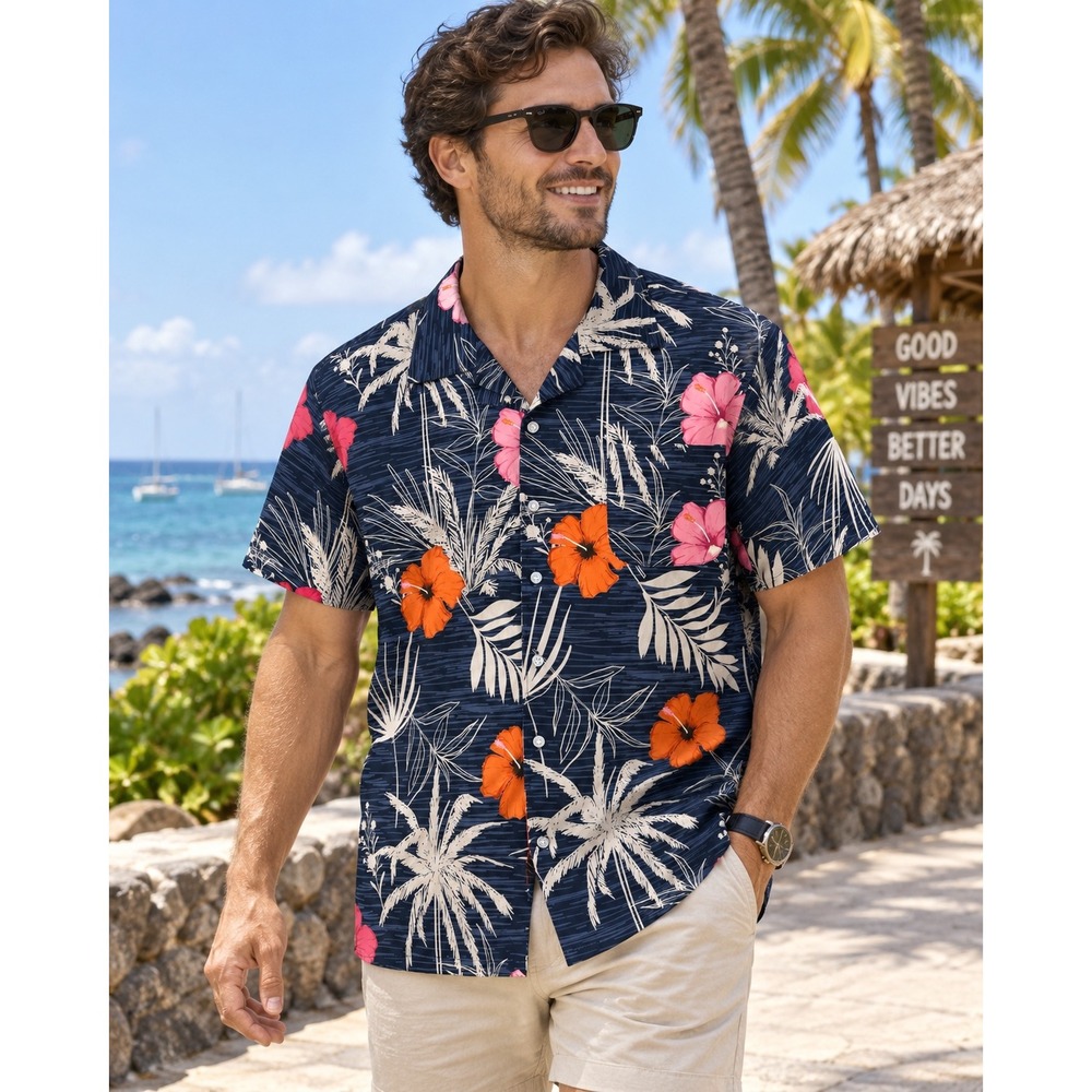 Mens Hawaiian Shirt Tropical Hibiscus Palm Print Navy Blue Short Sleeve Large